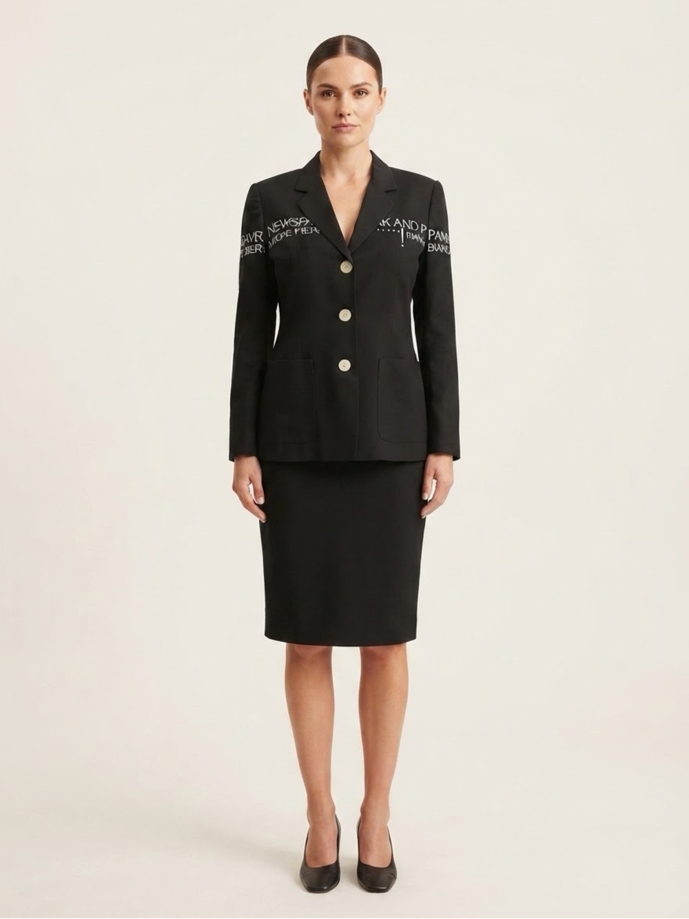 Laurèl Germany Black Skirt Suit 42 40 Graphic Text Blazer Y2K Designer